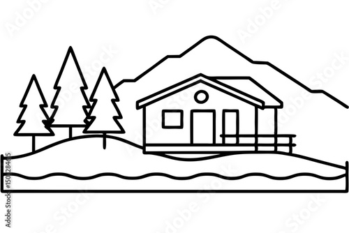Minimalist Line Art Cabin by a Lake – Scenic Nature Vector Illustration

