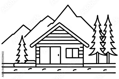 Minimalist Line Art Cabin by a Lake – Scenic Nature Vector Illustration

