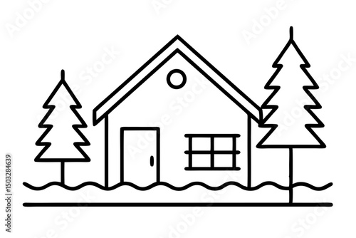 Minimalist Line Art Cabin by a Lake – Scenic Nature Vector Illustration

