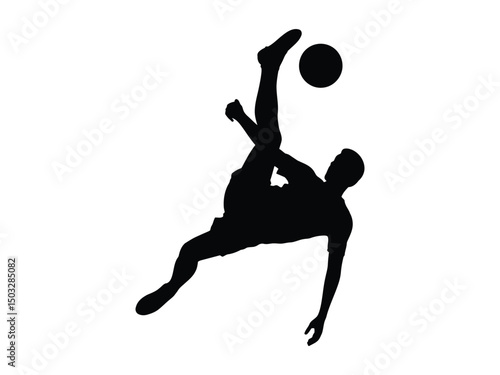 Silhouette of a soccer player executing a bicycle kick action against a white background