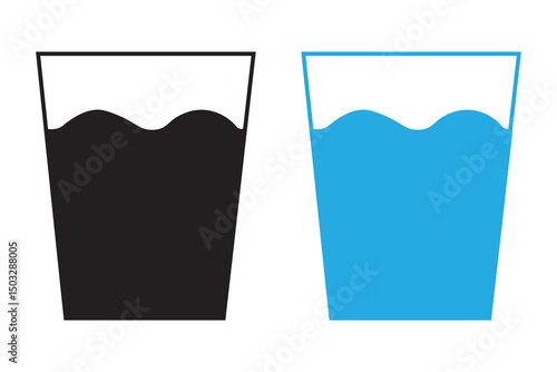 Water glass icon set in black color on white background. Full and empty glass of water flat icon set. Glass with water isolated set. Drinking water glass icon. Drink glass icon collection in color. 
