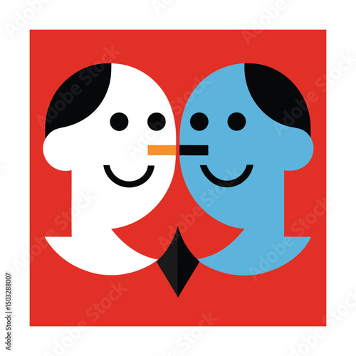Two abstract smiling faces touching noses representing communication and connection against red background