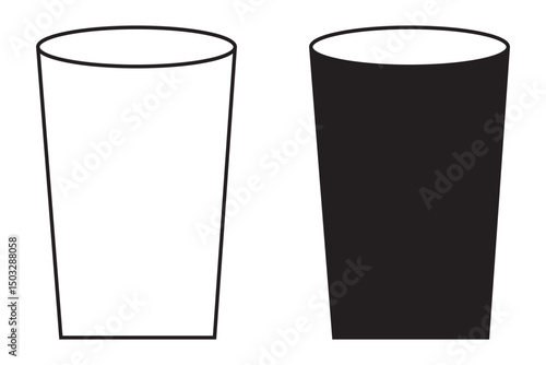 Water glass icon set in black color on white background. Full and empty glass of water flat icon set. Glass with water isolated set. Drinking water glass icon. Drink glass icon collection in color. 