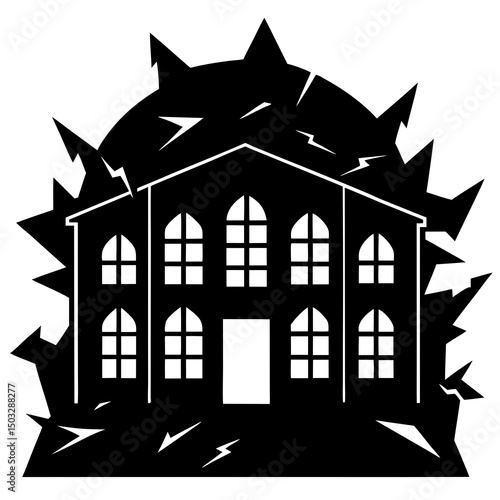 Abandoned asylum with broken window silhouette vector illustration 