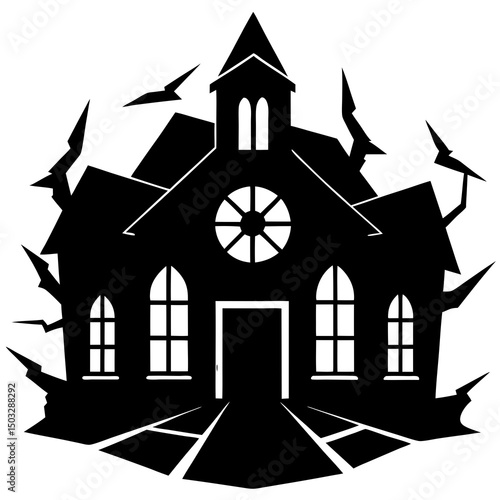 Abandoned asylum with broken window silhouette vector illustration 