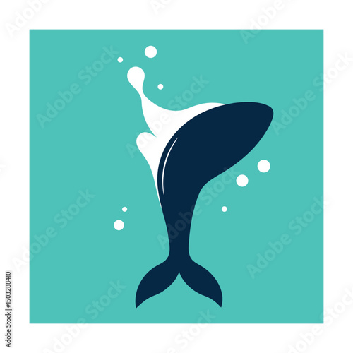 Simple illustration of a whale breaching the water surface in a minimalist style with bubbles