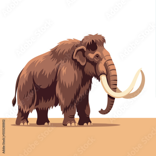 Woolly mammoth prehistoric elephant with long tusks standing on desert ground vector illustration 