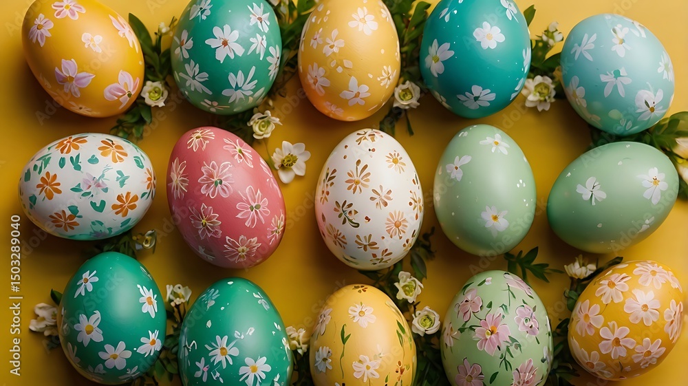 Fototapeta premium Decorated Easter eggs arranged on a green background with small flowers and empty area