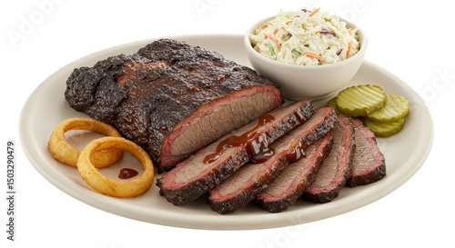 Bbq brisket plate. Serving of Sliced Beef Brisket with Sides Plate Presentation