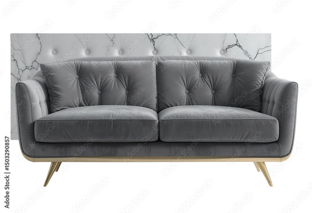 Naklejka premium Elegant grey velvet modern sofa, gold metallic legs, clean lines, soft cushions, 3D render on transparent background.