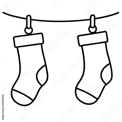 Stocking hanging from fireplace mantle line art vector illustration 