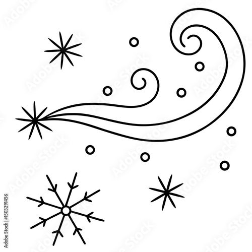 Wind blowing snowflakes line art vector illustration 