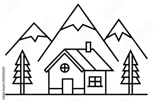 Minimalist Line Art of Snow Cabin – Winter Cottage SVG Illustration

