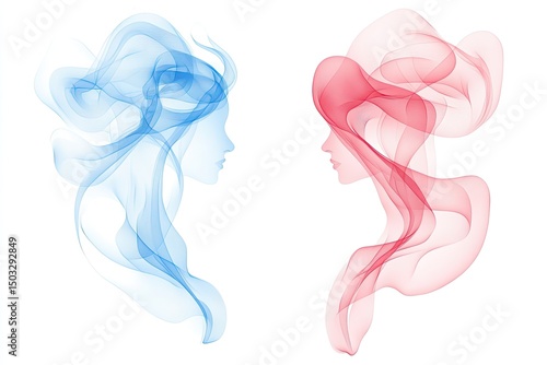 Two profile women, blue and red, ethereal smoke-like hair