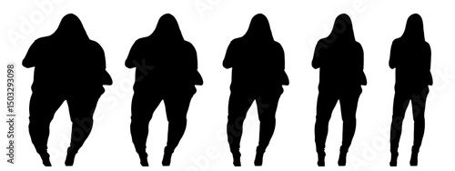 Conceptual fat overweight obese female vs slim fit healthy body after weight loss or diet on white background banner. A  fitness, nutrition or obesity, health shape illustration vector as silhouettes