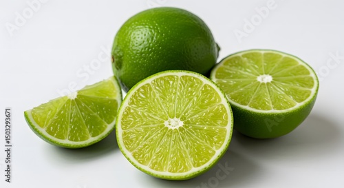 Composition of Tahiti lemons — whole, half and slices — on a white background, with diffused natural light and a focus on the fresh appeal and bright colors for commercial use.