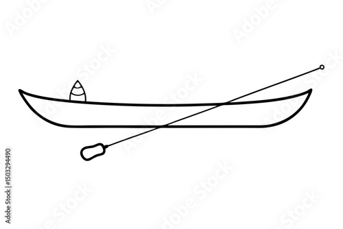 Simple Black Line Drawing of a Canoe with Fishing Gear – Vector SVG

