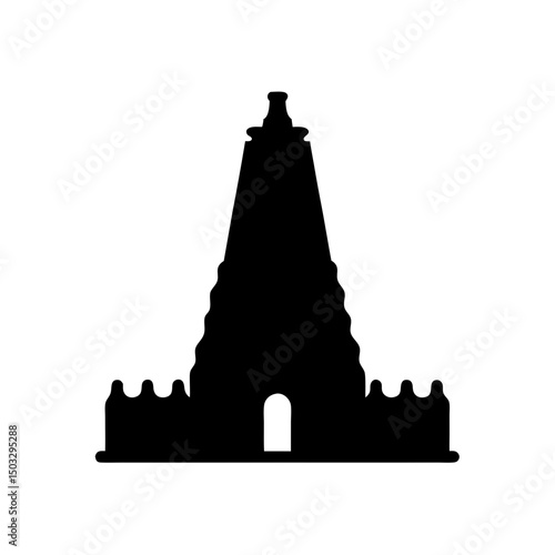 Silhouette of a Hindu temple, religious building with layered architecture, isolated on white