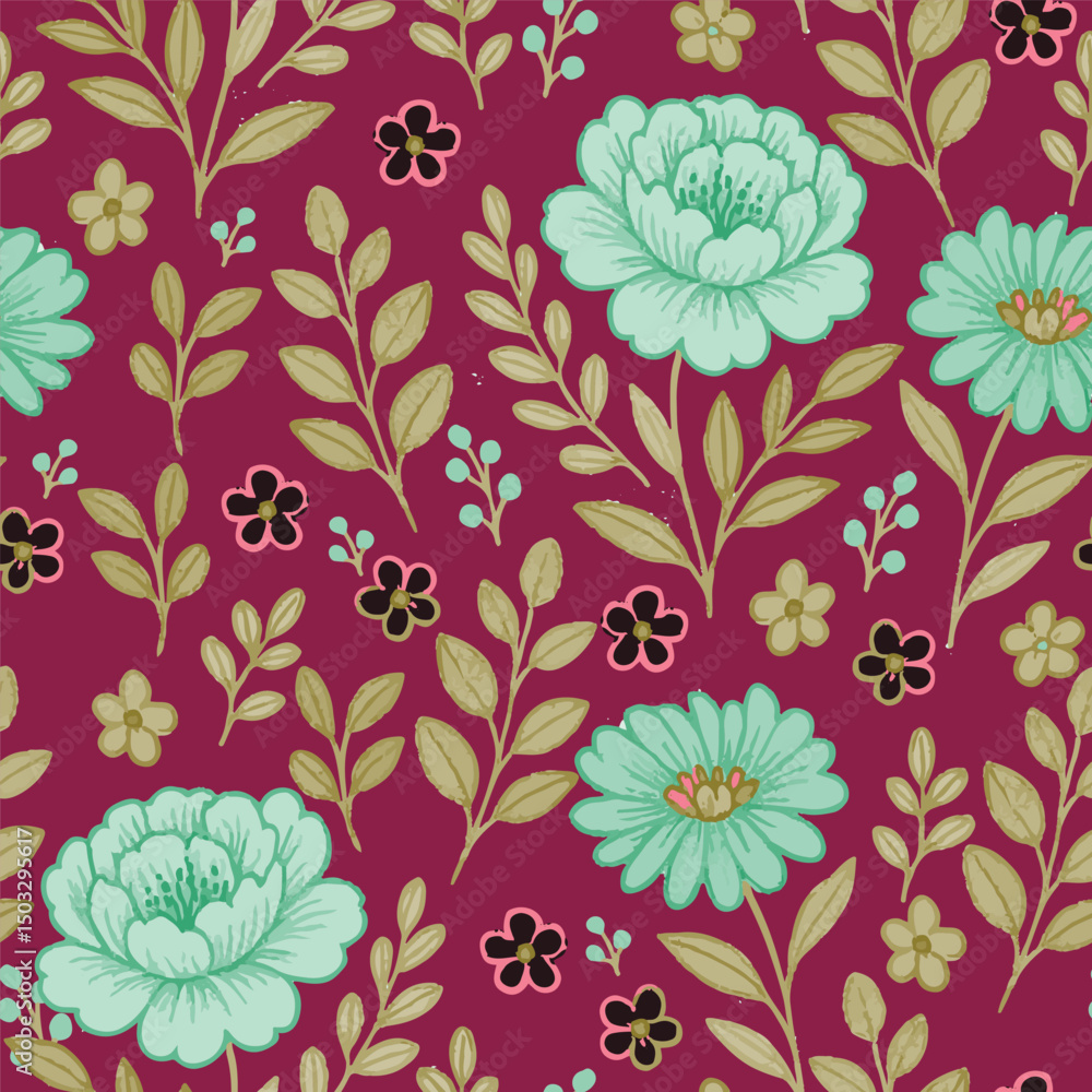 Obraz premium This seamless teal floral fabric features an elegant pattern, perfect for backgrounds, textiles. Ideal for various creative projects.