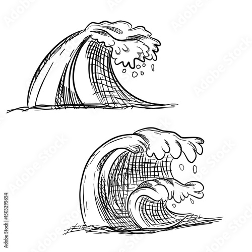 Various kinds of Beach waves vector line art hand drawn illustration 