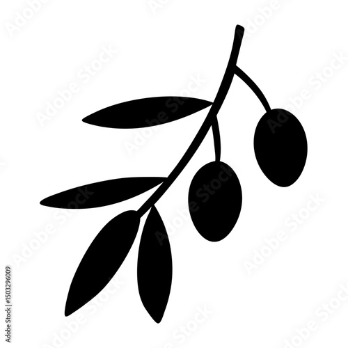 Simple black silhouette of olive branch with three olives and leaves