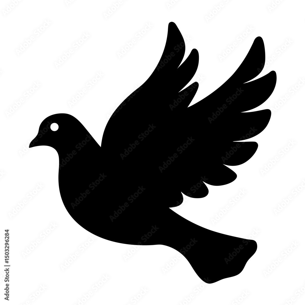 Obraz premium Silhouette of a Flying Dove with Spread Wings, Black silhouette of a dove in mid-flight with wings fully spread, symbolizing peace and freedom, isolated on white. 