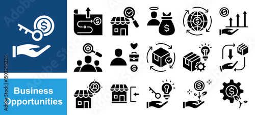 Business opportunities icon collection set. Containing entrepreneurship, innovation, investment, venture, profitability, market research, strategic planning icon. Simple flat vector.