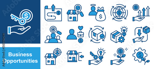 Business opportunities icon collection set. Containing entrepreneurship, innovation, investment, venture, profitability, market research, strategic planning icon. Simple line vector.