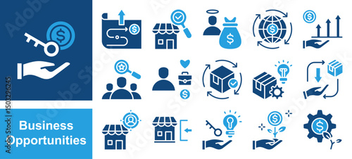 Business opportunities icon collection set. Containing entrepreneurship, innovation, investment, venture, profitability, market research, strategic planning icon. Simple flat vector.