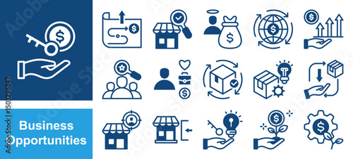 Business opportunities icon collection set. Containing entrepreneurship, innovation, investment, venture, profitability, market research, strategic planning icon. Simple flat vector.