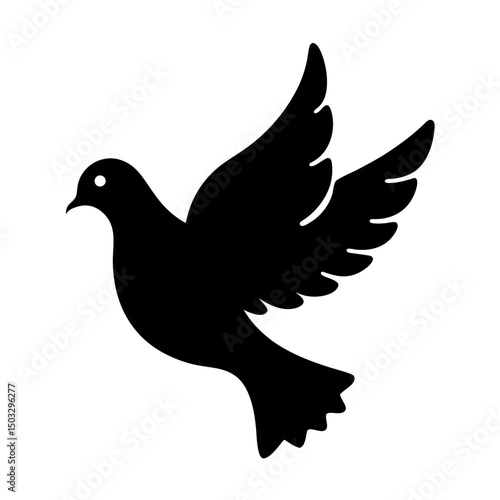 Elegant black silhouette of a dove in flight against a white background
