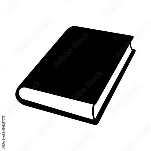 Black and white illustration of a closed hardcover book at an angle