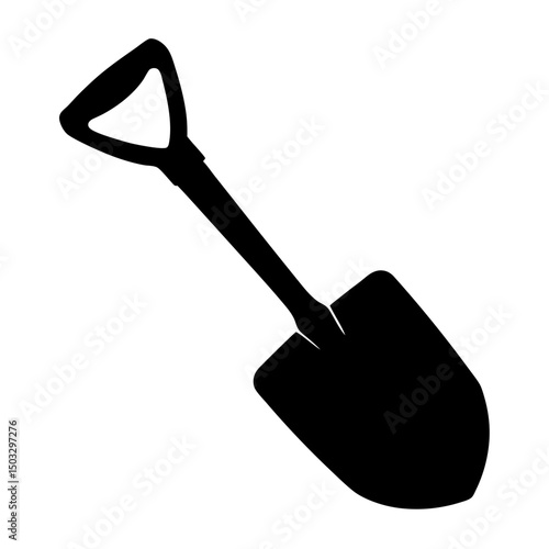 Black and white graphic image of a shovel against a white background