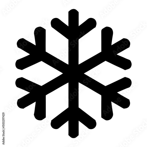 Single, stark, black snowflake on white background evoking cold and winter