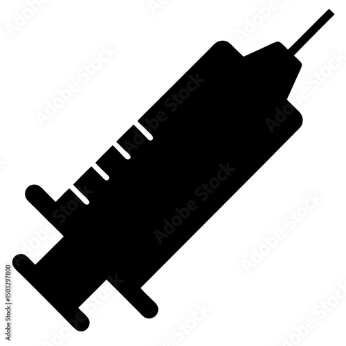 Black silhouette of a hypodermic needle, syringe, and plunger for vaccination