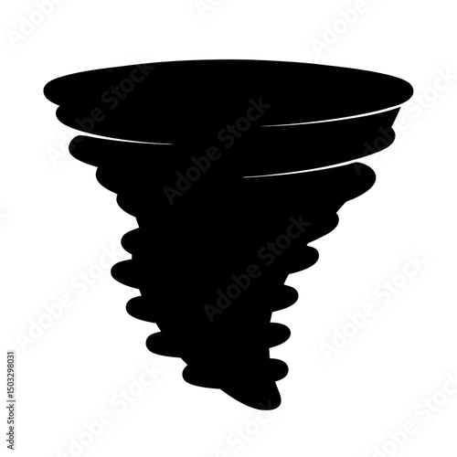 A swirling black tornado silhouette against a white background evoking danger