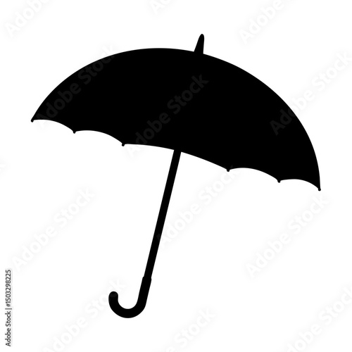 Black umbrella silhouette providing protection from rain or sunlight on white background