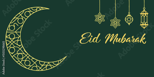 Eid Mubarak greeting with crescent moon, lanterns & Islamic motifs