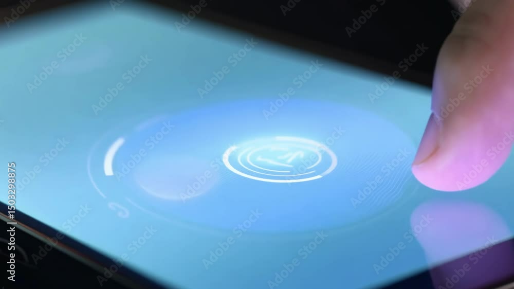 Human finger touching bright glowing circular interface on blue digital ...