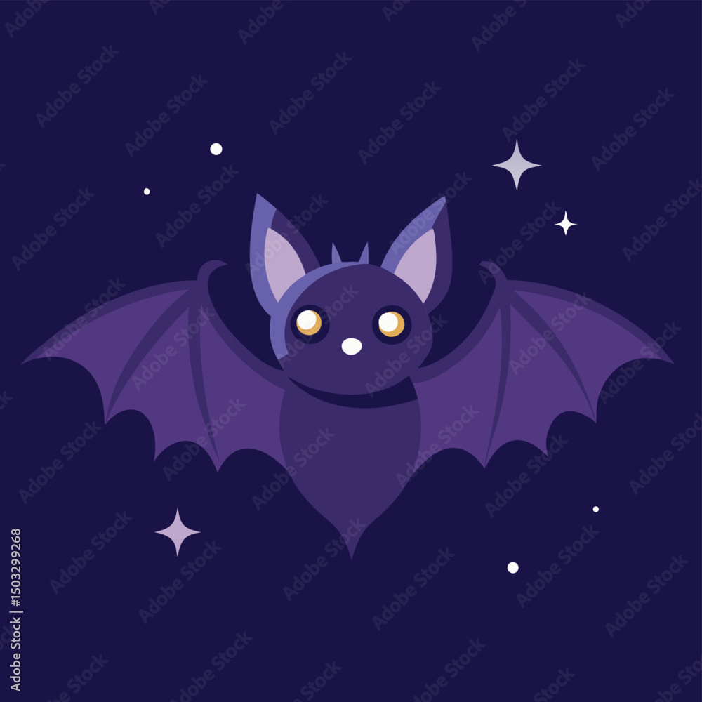 Cute cartoon bat flying against a dark night sky with sparkling stars and purple tones Cute cartoon bat flying against a dark night sky with sparkling stars and purple tones