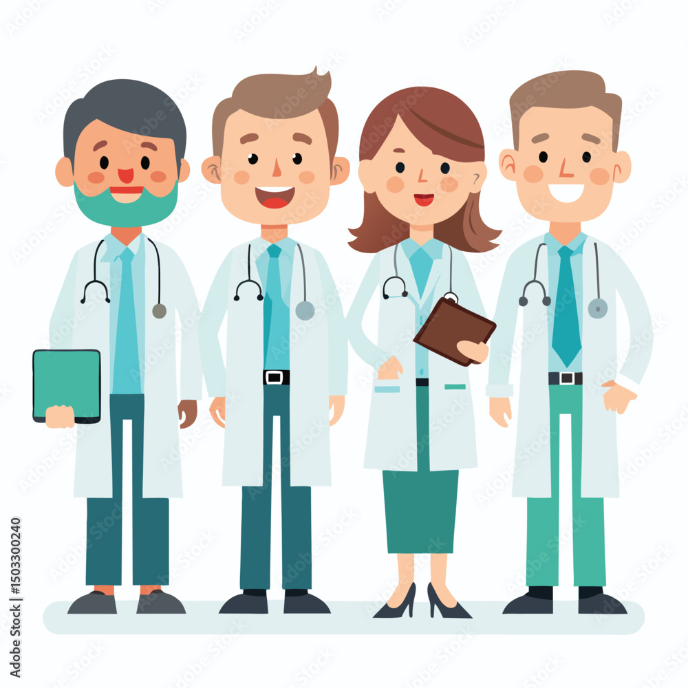 Friendly cartoon illustration depicting a diverse group of medical doctors and healthcare professionals Friendly cartoon illustration depicting a diverse group of medical doctors and healthcare professionals