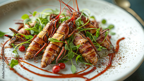 Fototapeta Naklejka Na Ścianę i Meble -  Gourmet Dish Featuring Grilled Lobster Tails on Elegant Plate
