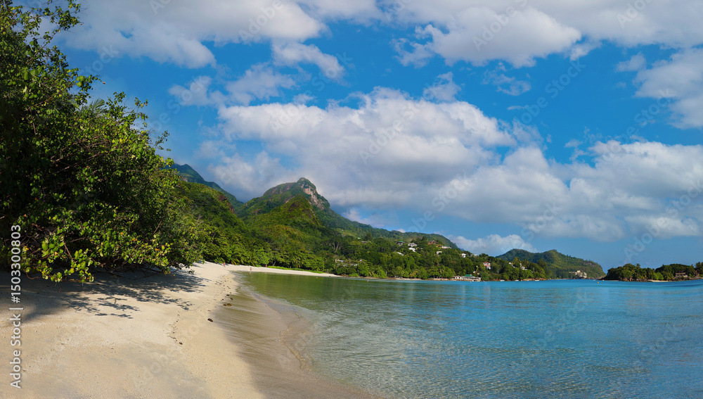 Beautiful beach landscape with mountains and clear water. Seychelles. Beautiful beach landscape with mountains and clear water. Seychelles.