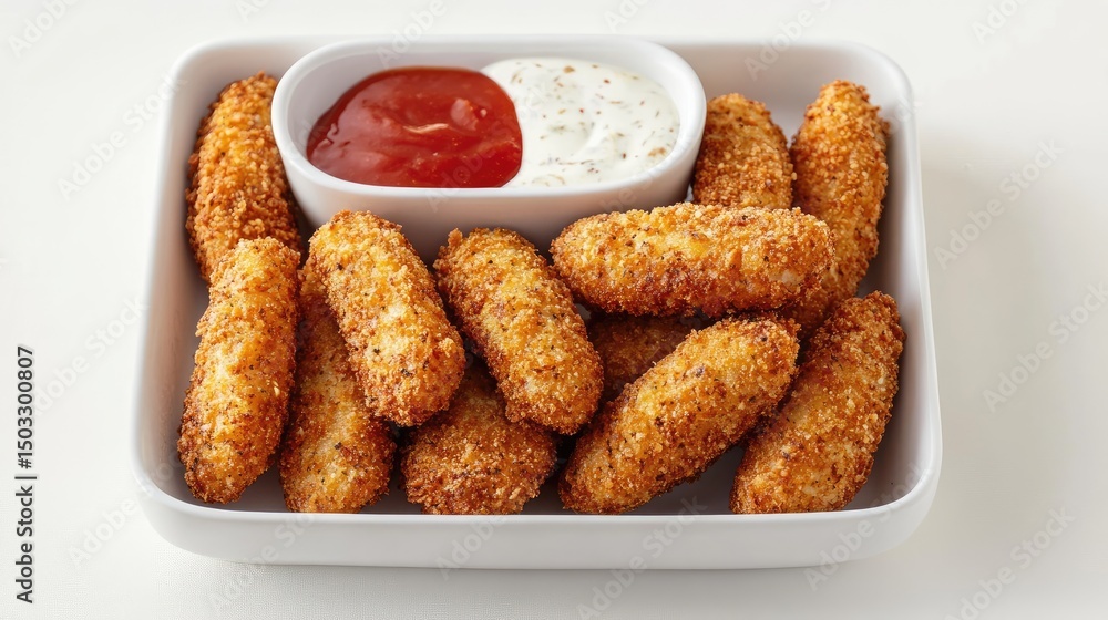 Crispy snoek croquettes with a creamy dipping sauce, plated creatively on a white dish and photographed on a white background. Crispy snoek croquettes with a creamy dipping sauce, plated creatively on a white dish and photographed on a white background.