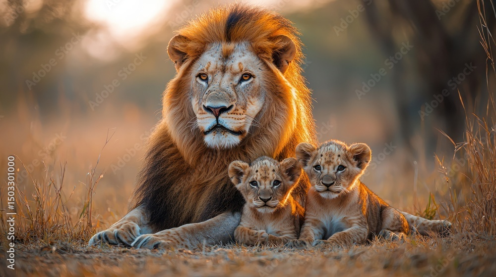 Obraz premium Majestic lion and cubs at sunset