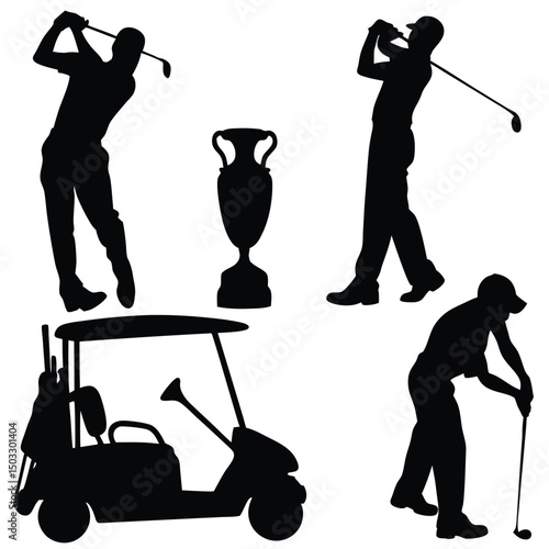 Golf silhouettes depicting players in action with a golf cart and championship trophy