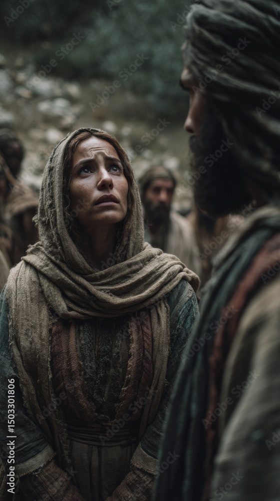 Fototapeta premium A sad Mary speaks to Jesus.