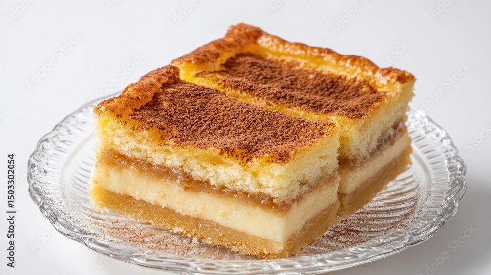 Layered traditional milk tart cake with cinnamon sprinkles, served on a glass plate on a white background. Layered traditional milk tart cake with cinnamon sprinkles, served on a glass plate on a white background.