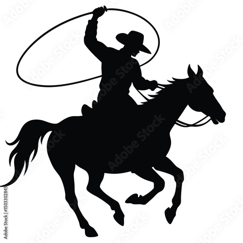Silhouette of a cowboy riding a horse swinging lasso with white background