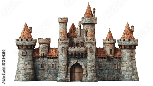 Majestic medieval castle with towers and transparent background rising above the landscape
